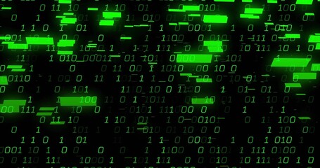 Streaming glowing green binary digits moving across digital field, with neon bars and pixels