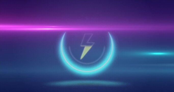 Glowing neon cyan crescent ring hovering on futuristic stage, with pale yellow lightning emblem