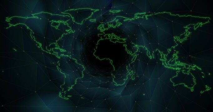 Displaying neon green outlines, polygon mesh and glowing nodes on dark digital grid, showing vortex