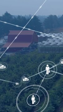 Vertical video: HUD node fading in, agent icon linking clouds over barn, forming web managing farm