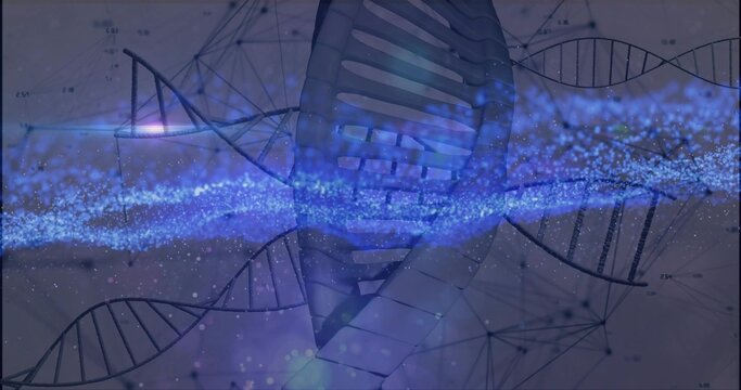 Displaying stylized double helix centering in biotech graphic, with blue stream, schematics, flares