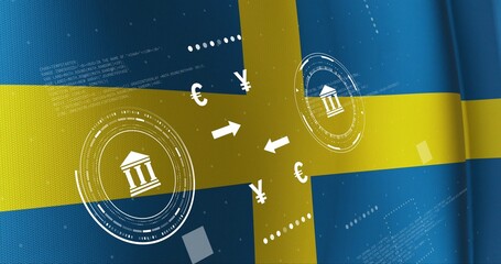 Displaying central fintech motif overlaying Swedish flag fabric, showing bank icons, arrows, &euro; &yen; &pound;