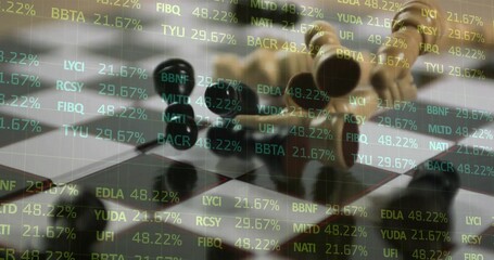 Displaying black discs sitting on square board in office, with wooden pawns and stock percentages