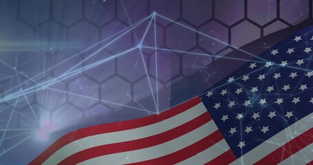 Rippling US flag occupying center in studio graphic with hex grid, network lines and glowing flares