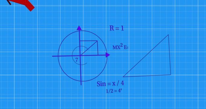Displaying unit circle with axes, concentric inner circle and inscribed triangle on blue grid paper