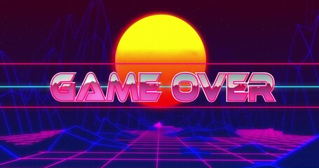Naklejka premium Glowing chrome GAME OVER sign dominating sunset horizon with magenta grid and wireframe mountains