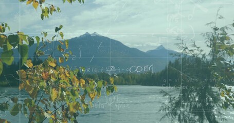 Fototapeta premium Framing foreground leafy branch leaning over lakeshore, reflecting mountain peaks and math overlay