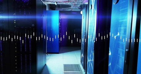 Showing data center aisle of server racks glowing under cool LED lighting, with vented floor panel © vectorfusionart