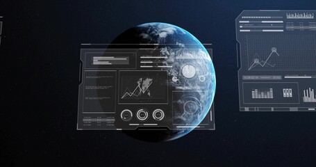 Fototapeta premium Displaying partially illuminated planet Earth rotating in outer space, with holographic UI panels