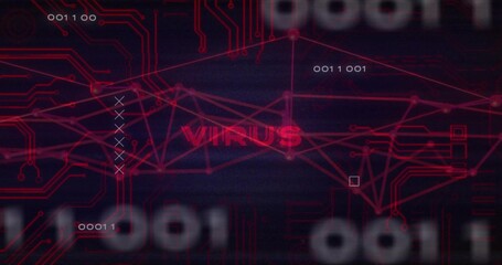 Centered red VIRUS node pulsing after scan pulse, spreading mesh, binary strings signaling breach