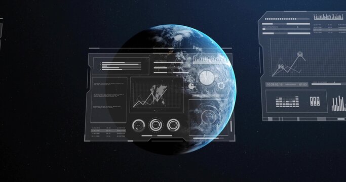 Displaying partially illuminated planet Earth rotating in outer space, with holographic UI panels