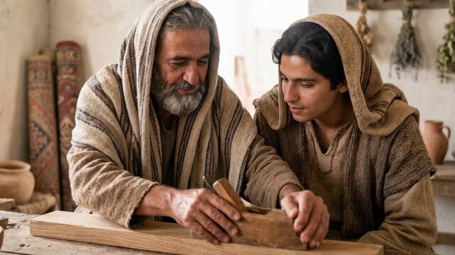 Older man and young man planing wood teaching and learning ancient carpentry techniques. Biblical woodworking tradition concept.