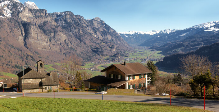 View into the Seez valley from Walenstadtberg, Swiss Alps