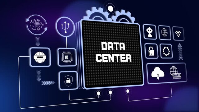 Powerful hud animation representing data center infrastructure for secure cloud storage and advanced server network management