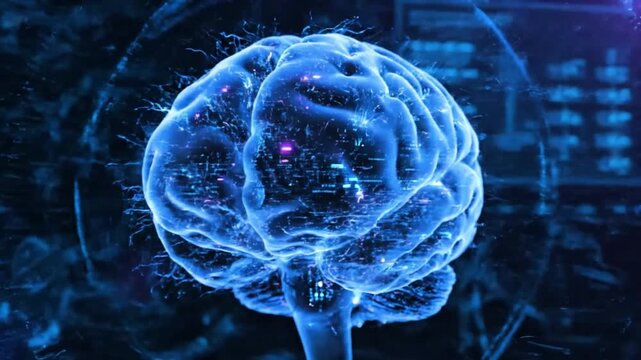 Futuristic Holographic Brain Visualizing Advanced AI, Neuroscience, and Cognitive Computing in a Complex Digital Network Environment