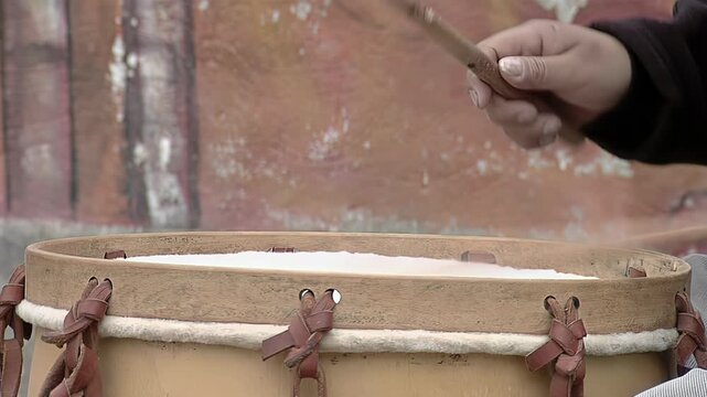 Man Playing Bombo Leguero Drum, Traditional Argentine Folklore Percussion Instrument, Close Up - 4K