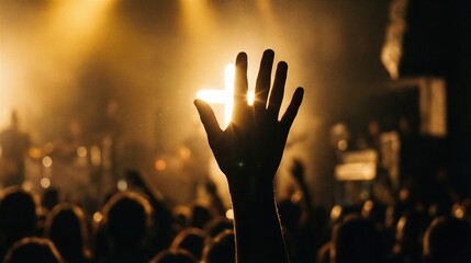 Hand reaching up to a bright Christian cross in a dark, spiritual gathering. Faith and modern religion concept for worship and prayer.