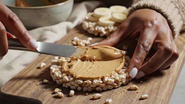 Woman with light brown skin spreads creamy peanut butter on a rice cake while preparing a healthy snack, with banana slices and a bowl in the background on a wooden cutting board