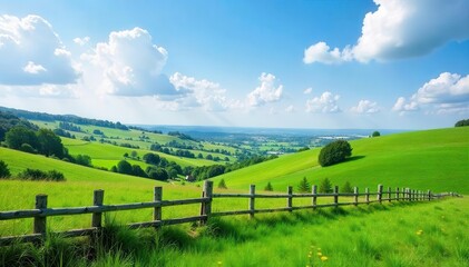 Idyllic countryside landscape with green rolling hills, blue skies, and a rustic wooden fence, meadows, wooden fence