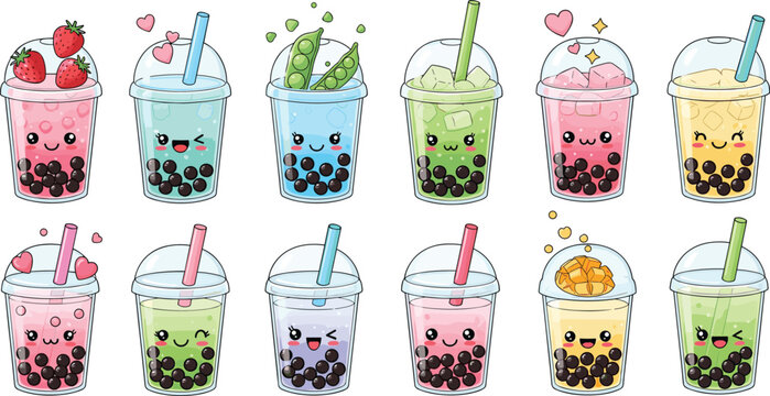 Cute kawaii bubble tea drinks collection with fruit milk tea flavors tapioca pearls and smiling cartoon cups vector illustration set
