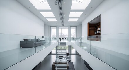 Fototapeta premium Modern interior design of a sleek office building with glass railings and white walls.
