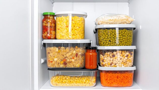 Organized food storage containers filled with various preserved vegetables and meals neatly arranged