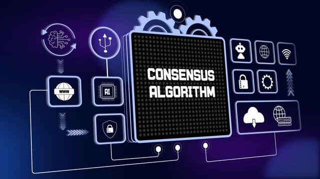 Cinematic hud animation showing consensus algorithm for secure blockchain validation and advanced digital network research