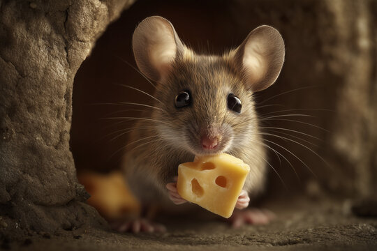 S&uuml;&szlig;e Maus mit K&auml;se vor ihrem Mauseloch