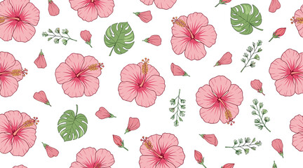 Seamless tropical hibiscus flower pattern with monstera leaves and botanical elements colorful summer floral background vector for fabric and wallpaper © Vector Design Hub