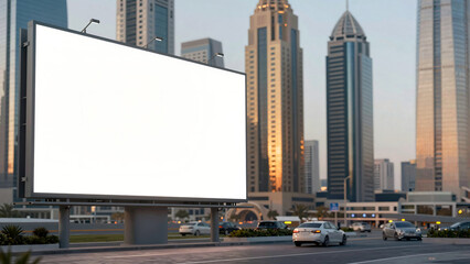 Obraz premium Blank Billboard Mockup in Dubai Business District Cityscape