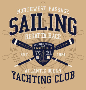 Atlantic Ocean sailing regatta vintage vector print for boy man marine wear t-shirt sweatshirt jacket