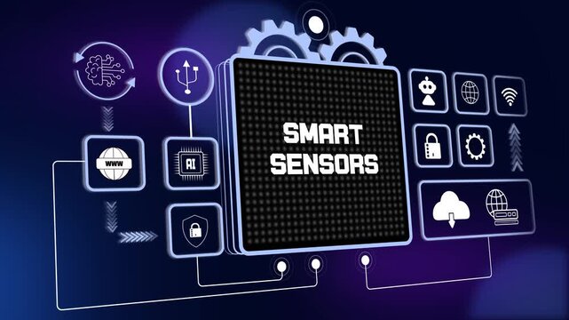 Powerful hud animation representing smart sensors for real time digital data collection and advanced industrial automation research