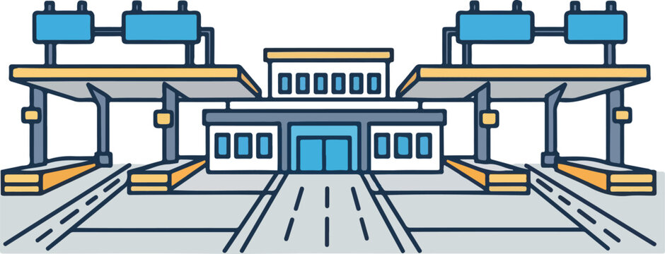 Vector illustration of a toll booth or toll plaza with yellow and blue colors