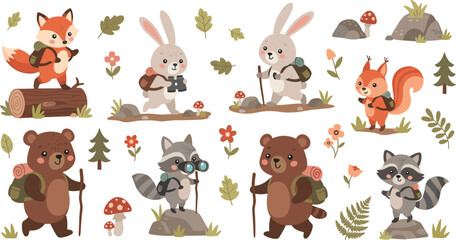 Forest Hiking Adventure: Cute Cartoon Foxes, Bears, Bunnies, Raccoons, and Squirrels with Backpacks Trekking Through the Woods © Sujon Shah