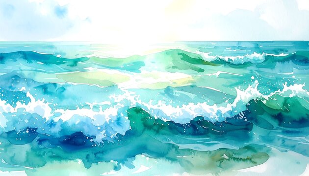 Layered sea waves rolling across bright blue water with sunlight reflections vivid coastal scene watercolor painting illustration