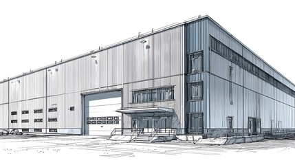 Obraz premium Elegant Technical Illustration Depicting a Vast Modern Warehouse Facility with Corrugated Exterior and Sliding Door, Optimized for Efficient Storage and Distribution