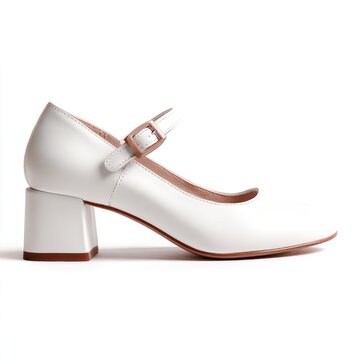 A stylish white high-heeled shoe with a buckle strap on a clean white background