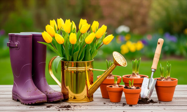 A gilded watering can with a bouquet of yellow tulips, rubber boots, and a garden shovel on a wooden table in a spring garden. Spring planting.