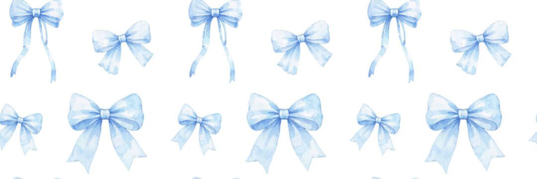 Seamless pattern with delicate blue watercolor bows on a transparent background.Decorative ribbon illustration perfect for gift wrap, baby shower designs, invitations, textiles, and feminine branding