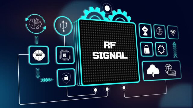 High tech rf signal hud interface for smart telecommunication tutorials, digital data transmission and global tech growth