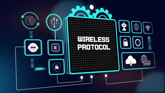 Futuristic wireless protocol hud interface for smart iot device tutorials, digital privacy software and global tech networking