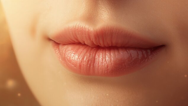 Showing close-up pair of lips with light gloss and cheek dimple in studio, warm bokeh