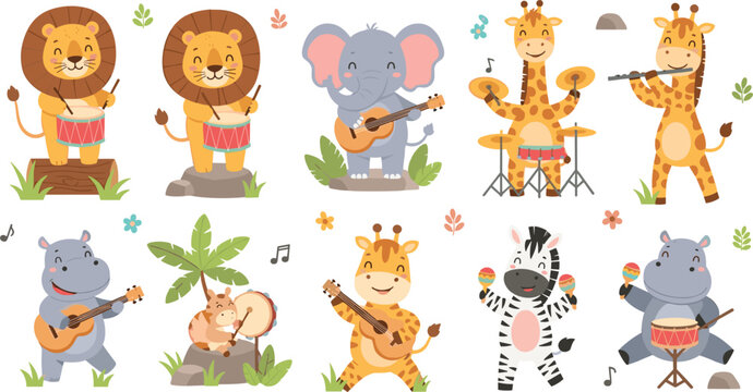 Cartoon Animal Band: Lions, Elephants, Giraffes, Hippos, and Zebra Playing Musical Instruments in a Fun Jungle Music Theme for Kids