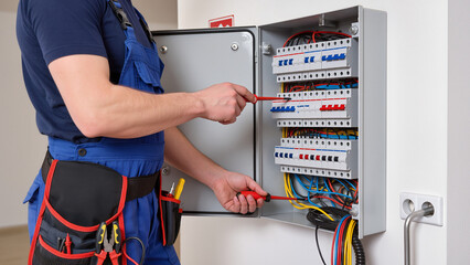 A professional electrician performs maintenance on an electrical distribution board. He uses various hand tools and wears protective safety gear. The technician carefully inspects the circuit breakers