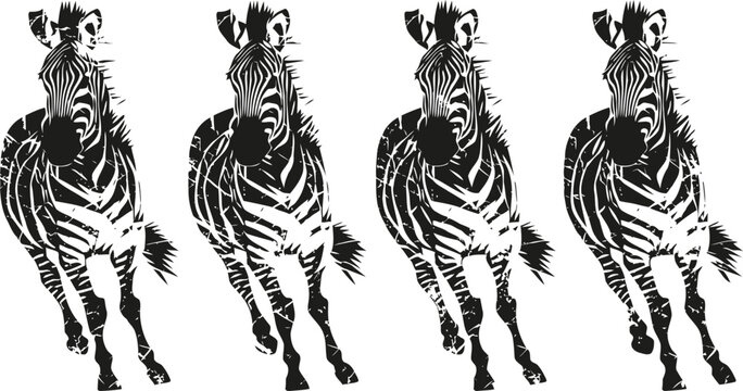 Four running zebras with black and white stripes in a realistic illustration