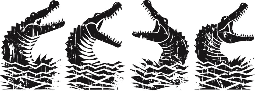 silhouette of alligator head with open jaws rising from water waves in black and white