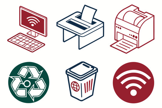 Office including computer, printer, recycling symbol, and trash can on white background