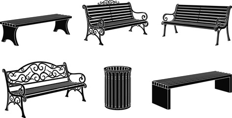Park bench and trash bin vector set, outdoor street furniture silhouette collection isolated design illustration for urban landscape © MDKANAL