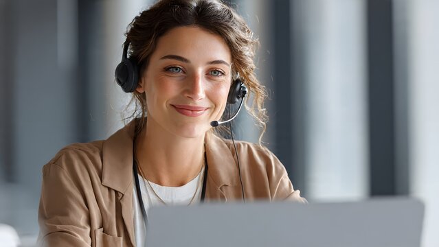 Woman Wearing Headset Working on Laptop.