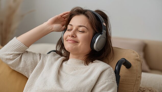 Reclining woman in off-white sweater listening with headphones in living room, wheelchair handle